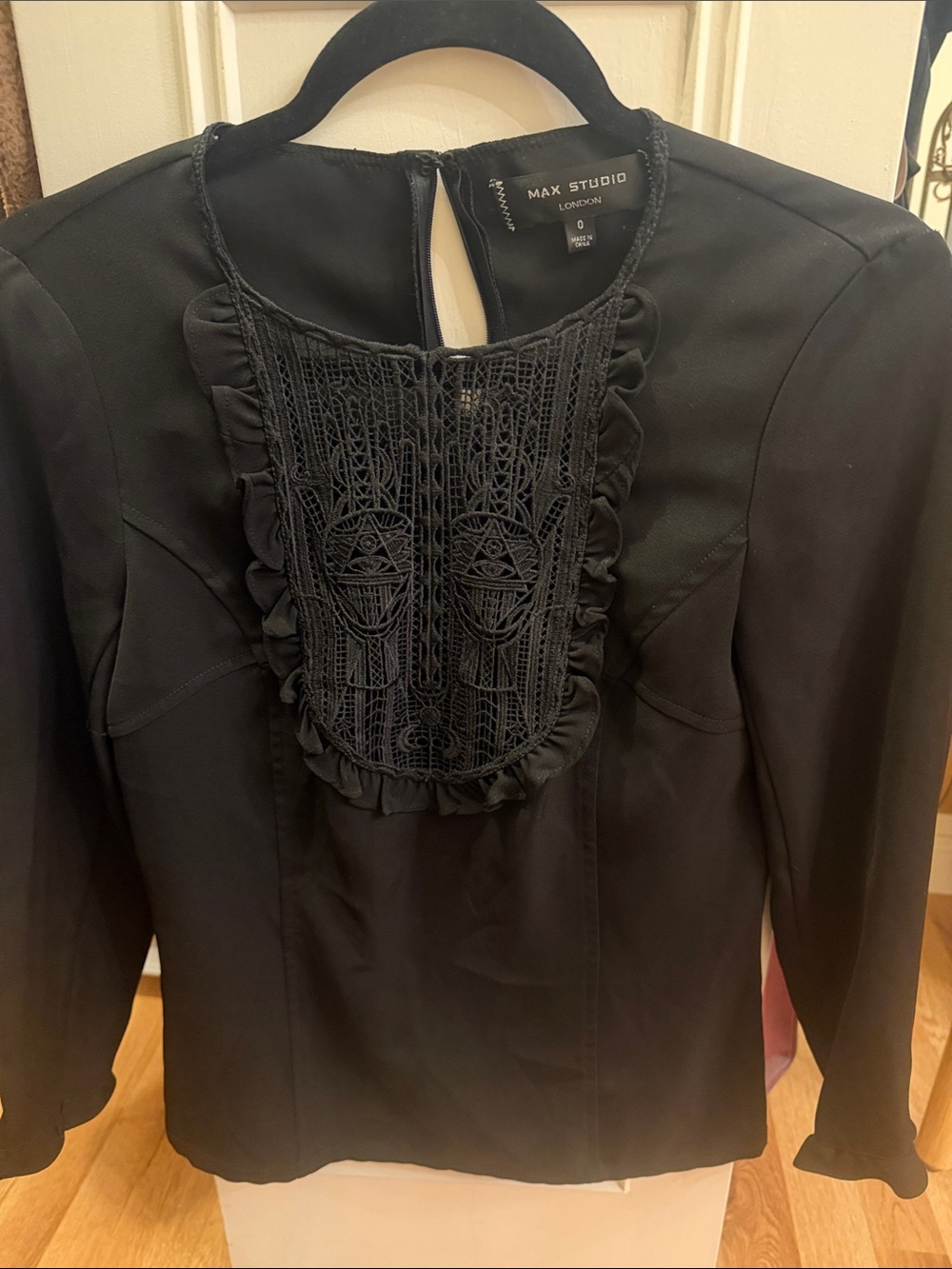 Max Studio Black Long Sleeve Top with Lace Bib